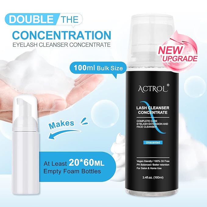 Eyelash Cleanser Concentrate 100ml Unscented Professional Lash Shampoo Foaming Cleanser Wash for Extensions Lashes with Salon Home Care-Makes 20 Bottles
