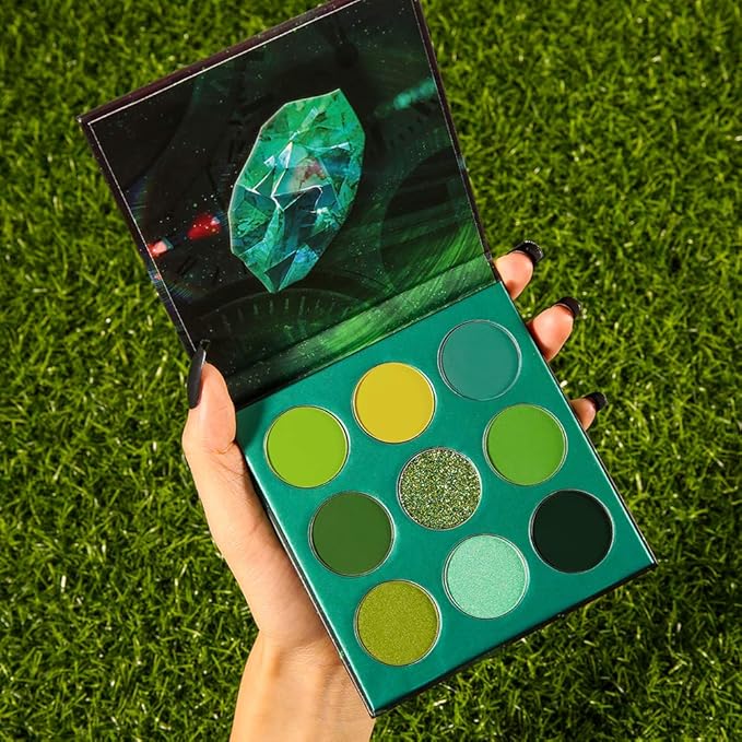Docolor 10Pcs Eye Makeup Brushes Skull Printed Eyeshadow Makeup Brush Set and Green Eyeshadow Palette 9 Colors Gemstone Shadow Palette Highly Pigmented Mattes Shimmers Long-Lasting Makeup Palette