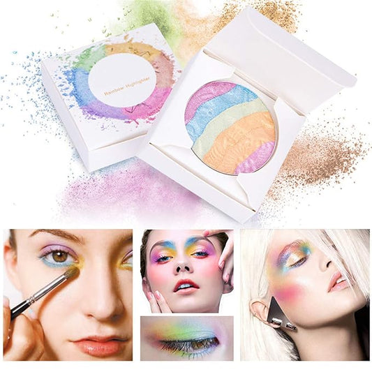 Pro 6 Colors 3D Baked Rainbow Highlighter Eyeshadow Makeup Palette Xmas Cosmetic Blusher Shimmer Powder Contouring Kit Unicorn Blush
