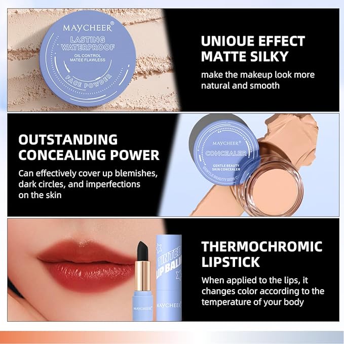 LAMUSELAND Makeup Kit for Women Girls Full Kit, 8 Pieces All in One Professional Makeup Gift Set, include Eyeliner, Eyebrow Pencil, Mascara, Lipsticks, Foundation, Face Powder and Skin Concealer (C)