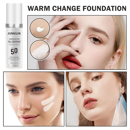 2PCS Color Changing Foundation with SPF 50 +++,Moisturizing Liquid Foundation Makeup Kit with 2 Makeup Sponges,Oil Control Long Lasting Non-greasy Full Coverage Concealer for All Skin Types