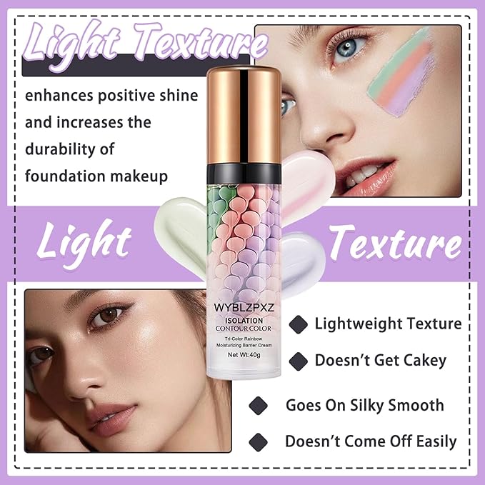 Tri-Color Corrector Isolation Cream, One Step Correcting Facial Serum Makeup Primer Base, Moisturizing Flawless Foundation