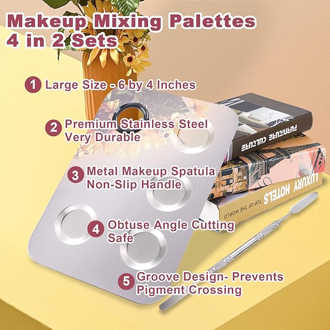 2 Sets Makeup Mixing Palette, Makeup Palette for Foundation, Stainless Steel Makeup Mixing Tray with Spatula for Mixing Eye Shadow Nail Art, Makeup Foundation Mixing Tray