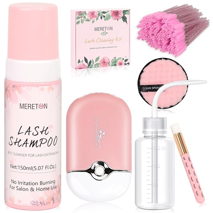 150ml Lash Shampoo for Lash Extensions, Eyelash Extension Cleanser Lash Cleaning Kit for Cluster Lashes with Fan+Makeup Pad+Cleaning Brush+100 Pcs Lash Brush+Wash Bottle, Oil Free Foam