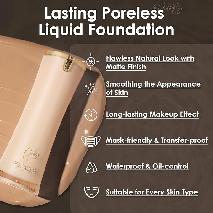 FOCALLURE PerfectBase Lasting Poreless Liquid Foundation, Medium to Full Coverage with Matte Finish, Covers Blemishes & Under-Eye Circles for All Skin Types, YL13 NUDE