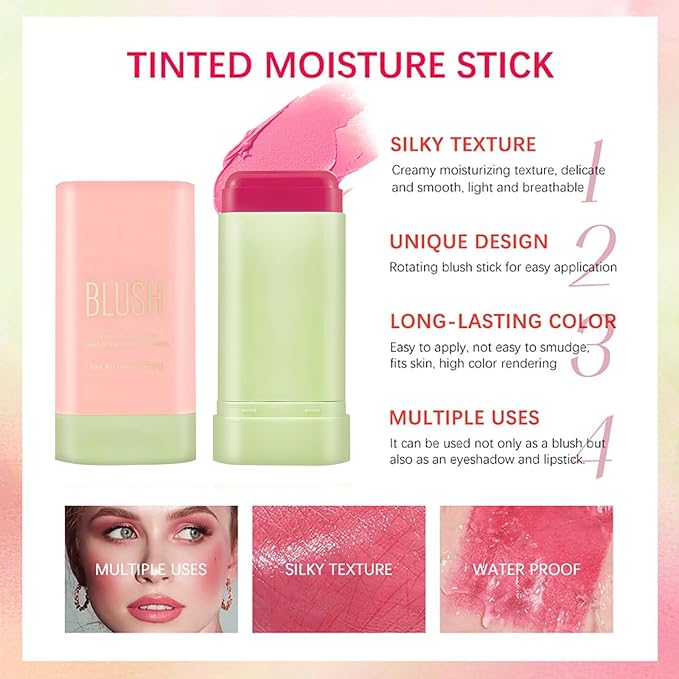 3Pcs Multi-Use Makeup Blush Stick, Tinted Solid Cream Blush Stick for Cheek & Eyes & Lips, Hydrating Long Lasting Lightweight Blendable Natural Nude Makeup Blush Stick