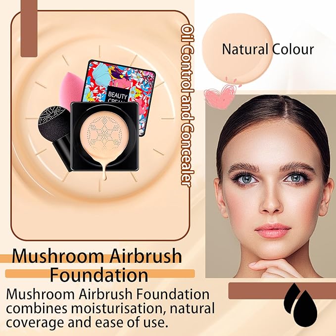 2P Mushroom Head Air Cushion CC Cream Foundation,Moisturizing Non-Greasy BB Cream and Makeup Sponge,Longlasting Matte Concealer Full Coverage Face Makeup Liquid Foundation for All Skin Types(Natural)B