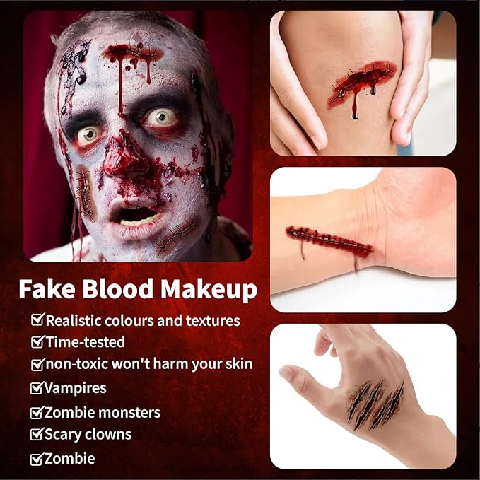 5Pcs Halloween Fake Blood Spray Makeup Accessories, 2oz Halloween Washable Fake Blood Spray and Fake Tattoos Scar Stickers for Halloween Vampire Zombie Makeup Accessories, Halloween Masquerade Props