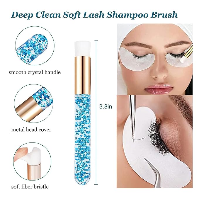 Lash Shampoo for Lash Extensions, Lash Fan 50ml Eyelash Foam cleanser with 50 Pcs Eyelash Brush and Rinse Bottle Oil Free/Sulfate Free Eyelash Wash Remover For Eyelash Extension Makeup, Blue