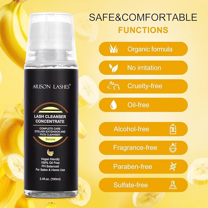 Eyelash Cleanser Concentrate 100ml Lash Extensions Shampoo Natural Foaming Cleanser DIY Non-lrritating Wash for Extensions Lashes with Salon Home Care-Makes 20 Bottles 60ml lash Shampoo (Banana)