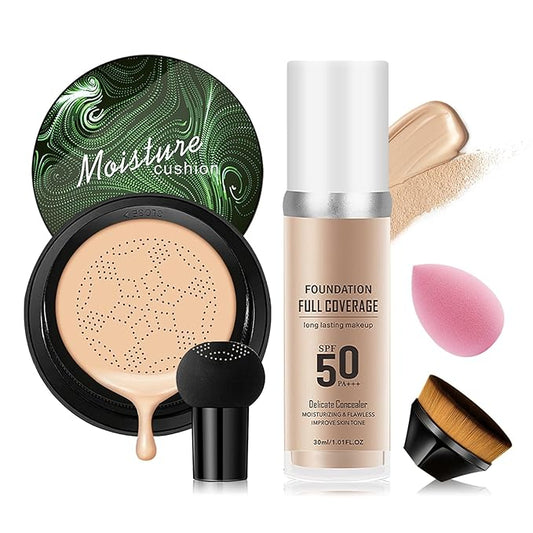 2PCS Mushroom Head Air Cushion CC Cream, Moisturizing Lasting Oil Control BB Cream for All Skin Types, Full Coverage Concealer Liquid Foundation Face Makeup Set with Foundation Brush & Makeup Sponge D