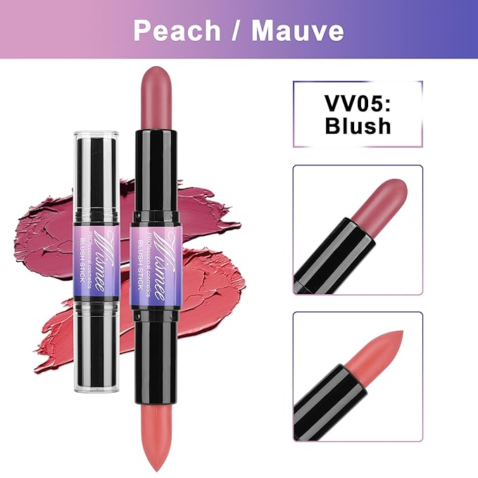 Dual-Ended Cream Blush,Cream Blush Makeup,Buildable Blush Stick for Cheeks Long Wearing,Easy Application,Lightweight Multi Stick,Plum & Peach