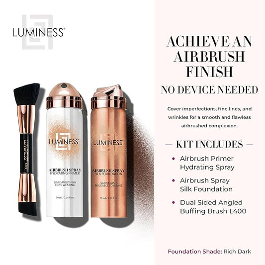 LUMINESS Airbrush Spray Silk Foundation Starter Kit - Rich Dark - Foundation, Primer & Dual-Sided Angled Buffing Brush - Medium, Buildable Coverage, Anti-Aging Formula Hydrates & Moisturizes