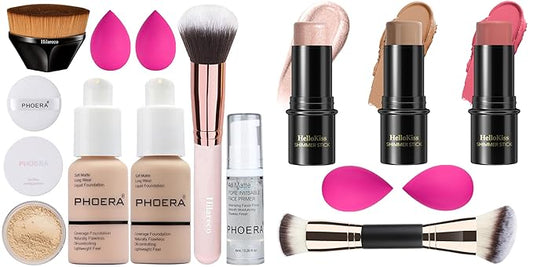 PHOERA Foundation, Full Coverage Foundation, PHOERA Primer, PHOERA Powder,3 Pcs Cream Contour Stick Makeup Kit, Shades with Highlighter Stick, Blush Stick and Bronzer Contour Stick