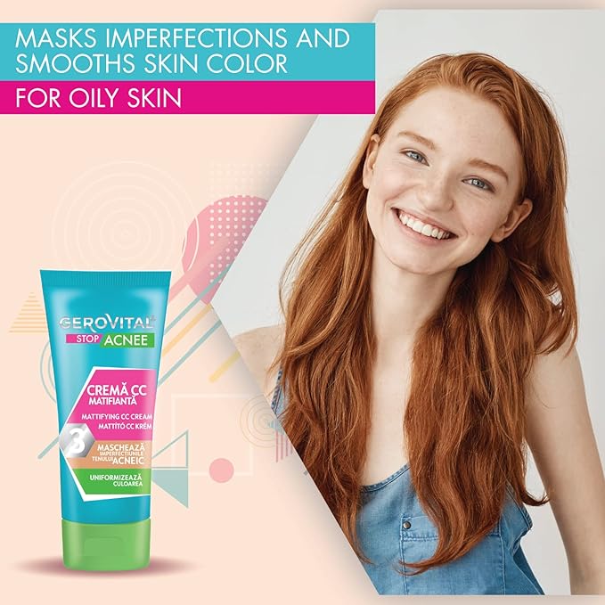 GEROVITAL STOP ACNE Mattifying CC Cream for Acne Prone Skin, Covers Imperfections, Evens Out the Face Color, Medium Shade Adaptable to Skin Tone, 30 ml