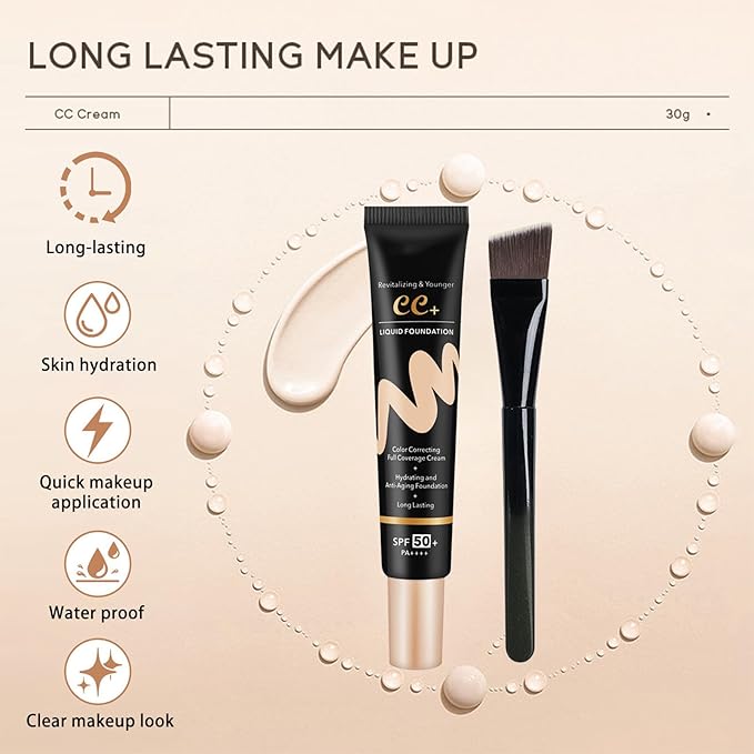 CC Cream with SPF 50+ with Brush, Waterproof Flawless Concealer Full Coverage BB Cream for All Skin Types, Lightweight Powder Foundation Full Coverage, Pre-makeup Primer Refine Skin Texture (Ivory)