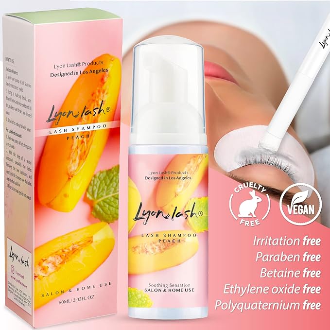 Lyon Lash Eyelash Extension Shampoo (Peach), Gentle Formula Paraben & Sulfate Free, Oil Free Foam Cleanser Kit | Remove Eye Makeup & Oil & Dust | Professional Salon And Home Use (60ml + 1 mascara wand + 1 cleansing brush)