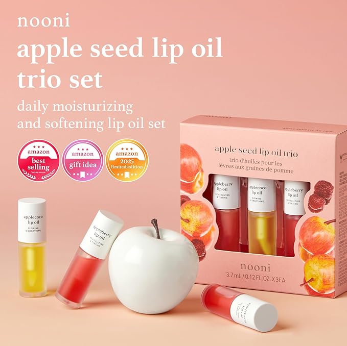 NOONI Korean Lip Oil Trio Gift Set + Korean Vegan Appleseed Lip Oil - Appleclear, Bundle