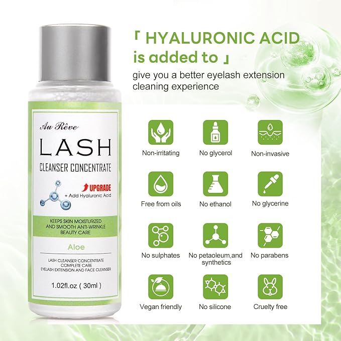 Lash Shampoo Concentrate 30ml Lash Cleanser Concentrate Add Hyaluronic Acid Oil-Free Lash Extension Shampoo Perfect for Salon,Aloe