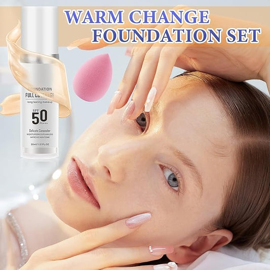 2PCS Color Changing Foundation,Full Coverage Flawless Non-greasy Liquid Foundation Set with Makeup Brush and Makeup Sponge,Suitable for All Skin Types A