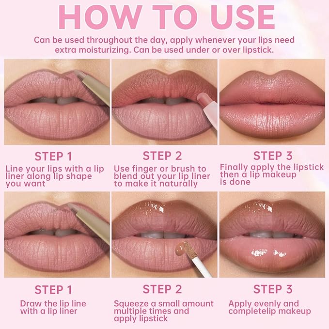 Nude Matte Lip Liner and Lipstick Lip Gloss Combo Set, Long-Lasting Creamy Lip Crayon Moisturizing Glossy Plumping Lip Gloss Lip Glow Oil with Lip Liner Makeup