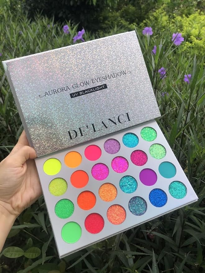 DE'LANCI Neon Eyeshadow Palette 24 Color + Lipstick Pallet 25 Color UV Blacklight Matte and Glitter Shade, Colorful Makeup Set for Christmas Halloween Cosplay Face Body Eyes Makeup Ket