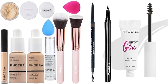 PHOERA Foundation,Full Coverage Foundation,PHOERA Primer,PHOERA Powder,PHOERA Concealer PHOERA Makeup Set,PHOERA Eye Makeup Kit, Include Eyebrow Pencil,Eyeliner and Eyebrow Gel Clear