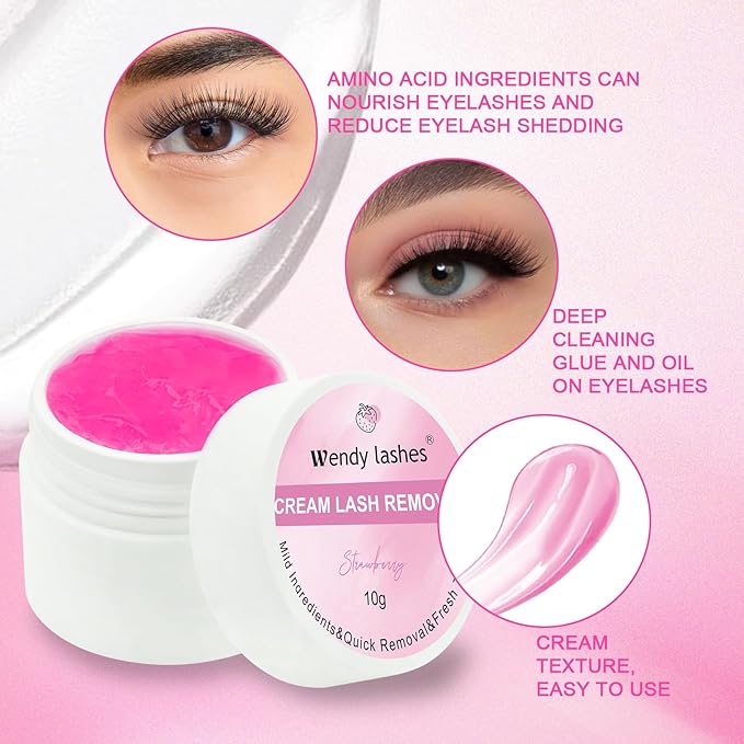 Eyelash Glue Remover for Lash Extensions: for DIY and Lash Artists, Wendy, 10ml Cream, Effectively, Low Irritation, Pink, Strawberry Flavored
