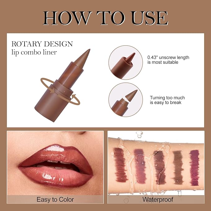 Erinde Lip Liner and Clear Gloss Set, Lip Liner and Lipstick Combo & Clear Lip Oil, Waterproof lip liner pen sets for women, Long Lasting Gradient Liner Lipstick Makeup Kits, 01