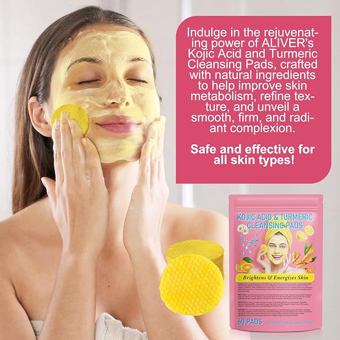 Turmeric Cleansing Pads 60 PCS, Kojic Acid and Turmeric Cleansing Pads, Turmeric Cleansing Pads for Dark Spots, Sugar Turmeric Exfoliating Cleansing Pads for Face and Body (2 pack) 
