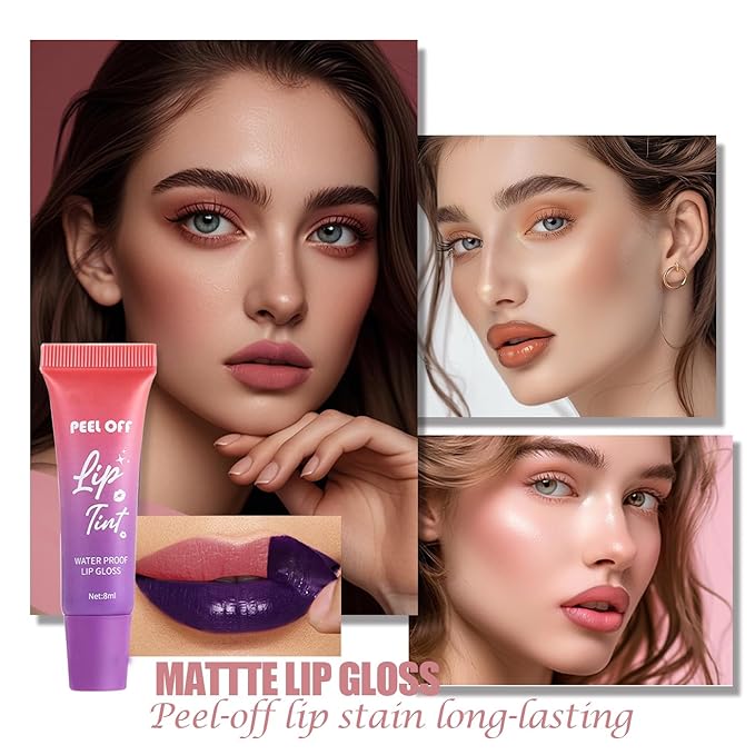 Peel Off Lip Stain,Fruit Lip Tint Stain Peel Off Waterproof Lip Tattoo Gloss Matte Finish Non-Stick Long Lasting Lip Liner Peel Off for Women 3 Colors (01#+02#+03#)