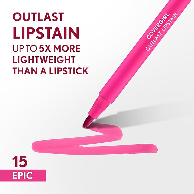 COVERGIRL Outlast Lipstain Bundle - 15 Epic & 40 Jazzberry Shades, Smooth Vegan Formula, Transfer-Proof, Buildable Color, Pen-Like Applicator, 0.06oz Each