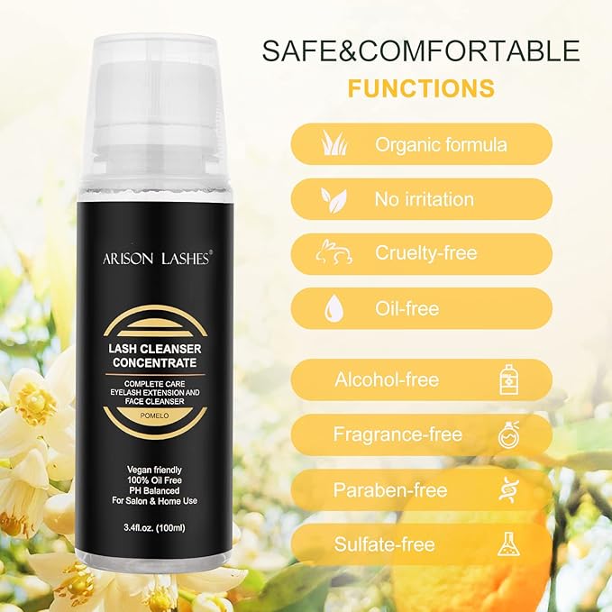 Eyelash Cleanser Concentrate 100ml Professional Lash Extensions Shampoo Natural Foaming Cleanser for Extensions Lashes with Salon Home Care-Makes 20 Bottles 60ml Eyelash Shampoo(pomelo)