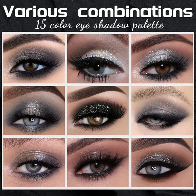15 Colors Black Gray Silver Matte Shimmer Eyeshadow Palette for Eye Makeup,High Pigmented Brown White Eye Shadow Primers Powder Palet de sombras de ojos