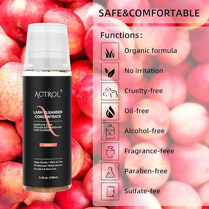 Eyelash Cleanser Concentrate 100ml Peach Professional Lash Shampoo Foaming Cleanser DIY Paraben & Sulfate Free Non-lrritating Wash for Extensions Lashes with Salon Care-Makes 20 Bottles