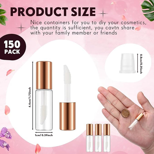 Jinei 150 Pcs Clear Empty Lip Balm Bottles 1.2ml Mini Lip Gloss Tubes, Refillable Containers Transparent Plastic Clear Lipstick Tubes for Girl Women DIY Makeup Sample Travel(Rose Gold)