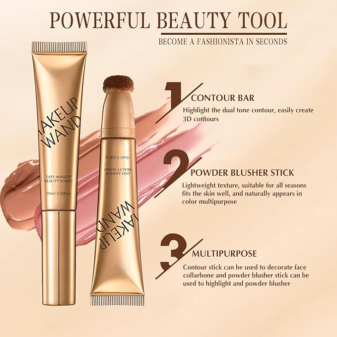 Contour Wand and Blush Wand, 2 in 1 Contouring Wands, Waterproof and Sweat Proof Makeup Stick for Women, Beauty Sticks for Cheeks, 2 in 1 Blushs with Applicator (Contour Wand, 0.66 Fl Oz)