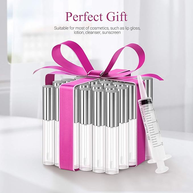KPX 30 Pcs lip Gloss Tube Containers Bulk Wand 10ml Empty Clear Pink Lip Oil Tubes Refillable Lip Balm Bottles with Rubber Insert for DIY Makeup Such as Lip Samples, Homemade Lip Balm (Silver)