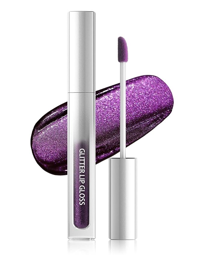 Deep Purple Metallic Liquid Lipstick, Non-Stick Cup Glitter Lip Gloss, High Pigmented Lip Color with Transfer-proof Wear, Long Lasting Waterproof Shimmer Sparkly Lipstick Cosplay Makeup for Women-08