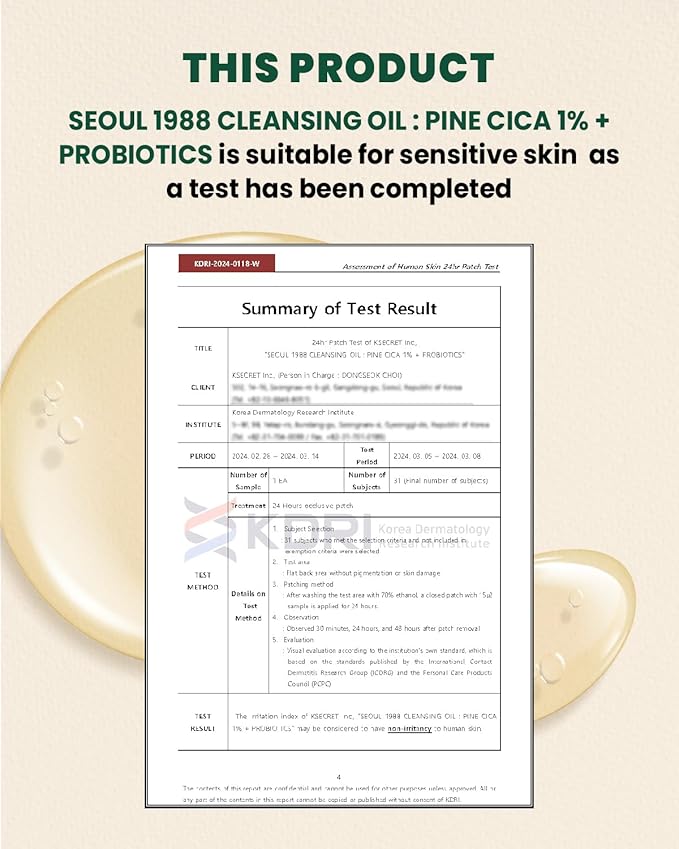 KSECRET SEOUL 1988 Cleansing Oil : Pine Cica 1% + Probiotics, 200ml/6.76fl.oz.