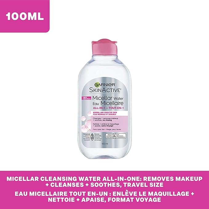 Garnier Micellar Cleansing Water, All-in-1 Makeup Remover and Facial Cleanser, For All Skin Types, 3.4 Fl Oz (100mL), 1 Count (Packaging May Vary) (Pack of 2)