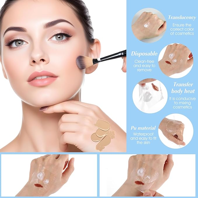 100PCS Makeup Hand Palette Single Use Foundation Mixing Palette Adhesive Tape Disposable Transparent Waterproof Cosmetic Tray Professional Makeup Artist Must Haves Supplies for Women Girls