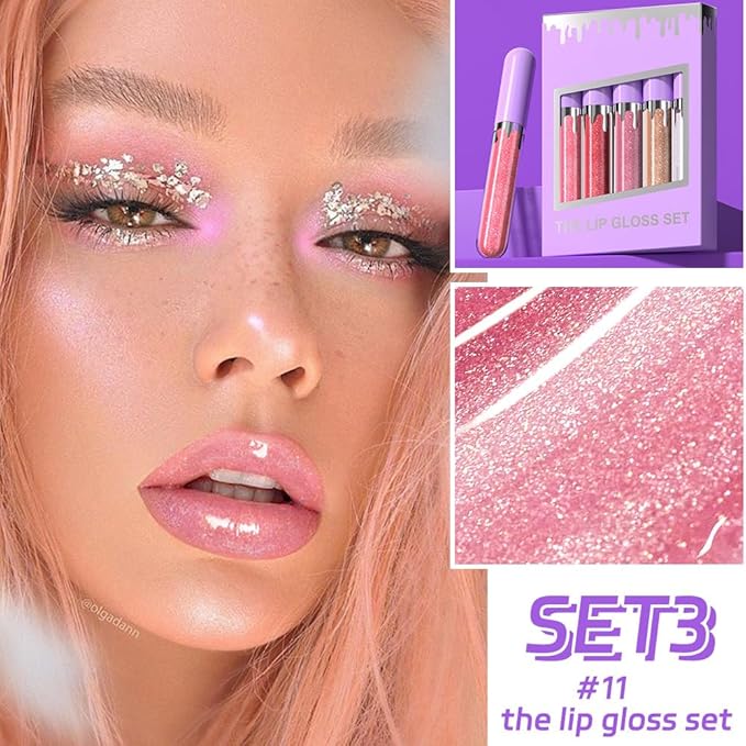 5Pcs Glitter Liquid Lip Gloss Set, Diamond Shimmer Lipstick, Waterproof Shimmer Lip Stain Lip Glaze, High Shine Long Lasting Shiny Lip Color Makeup (Set:Y-03)