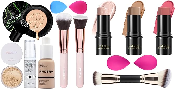 PHOERA Foundation,Mushroom Head Air Cushion CC Cream, PHOERA Primer, PHOERA Powder,3 Pcs Cream Contour Stick Makeup Kit, Shades with Highlighter Stick, Blush Stick and Bronzer Contour Stick