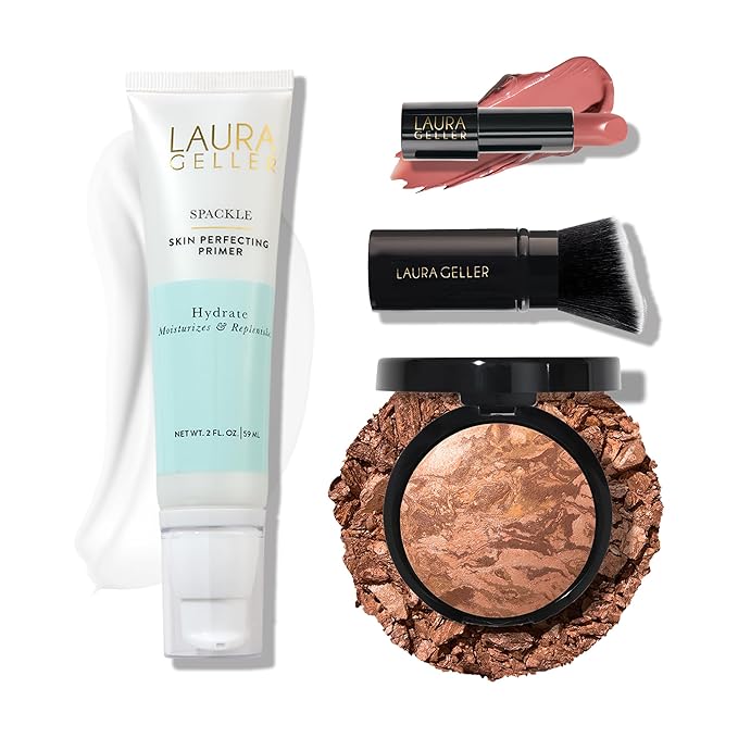 LAURA GELLER NEW YORK Effortless Essentials Kits - Cream Finish (4pc): Baked Balance-n-Brighten Foundation, Tan + Spackle Makeup Primer, Hydrate + Modern Classic Cream Lipstick, Pink Passion + Kabuki