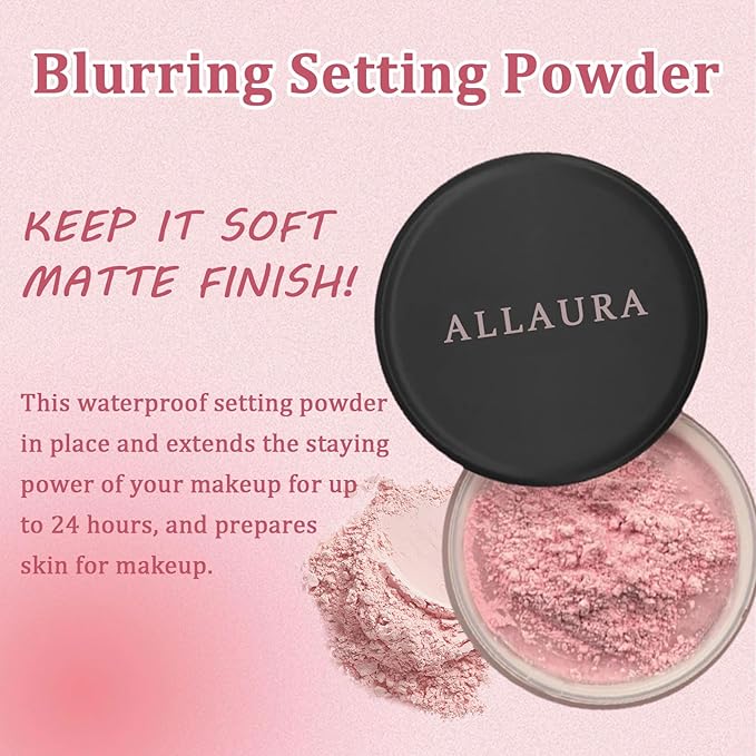 AlluraBeauty Blurring Powder, Pink Blurring Setting Powder by Allura, Oil Control Blurring Powder, 24H Long-Lasting, Creates Soft Focus Effect, Lightweight Pink Setting Powder for All Skin Tones