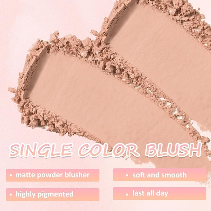 Boobeen Powder Blush Matte Single Color Blush, Pressed Blush Face Makeup Blusher High Pigment Blush for Colorful, Long-wear Glow, Natural Flush Tint for Cheeks