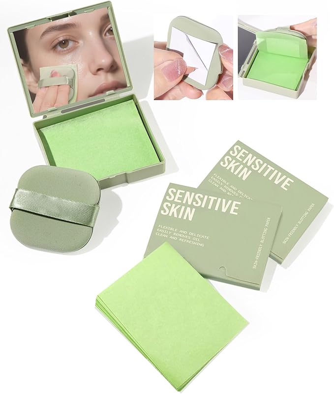 300 Oil Blotting Sheets for Face with Mirror & Puff Set | Oil Absorbing Sheets for Oily Skin | High-Performance Oil Control | Say Goodbye to Greasy | Summer Essentials for Women