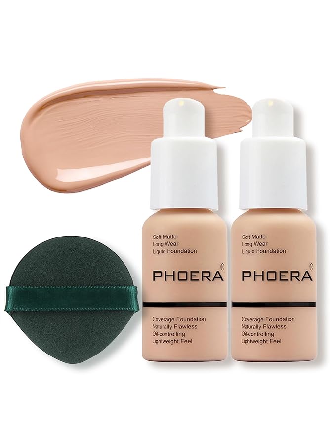 PHOERA Foundation Makeup Naturally Liquid Foundation Full Coverage Mattle Oil-Control Concealer 8 Colors Optional,Great Choice For Gift (2pcs,#103 Warm Peach)