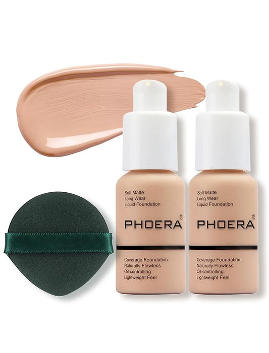 PHOERA Foundation Makeup Naturally Liquid Foundation Full Coverage Mattle Oil-Control Concealer 8 Colors Optional,Great Choice For Gift (2pcs,#103 Warm Peach)